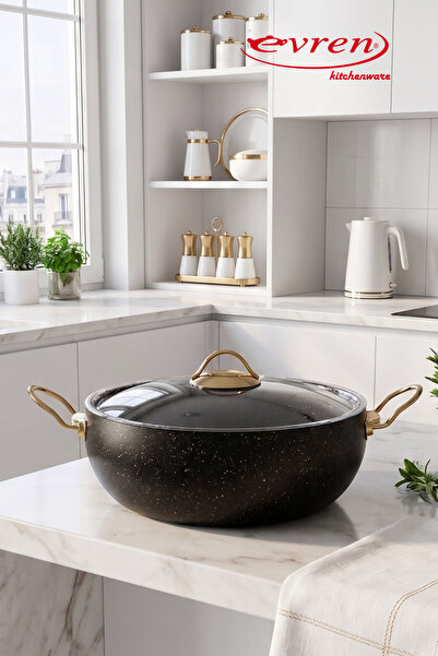 EVREN MUTFAK 24 cm Granite Casserole Deep Pot 3.8 Lt (with Gold Steel Handle)