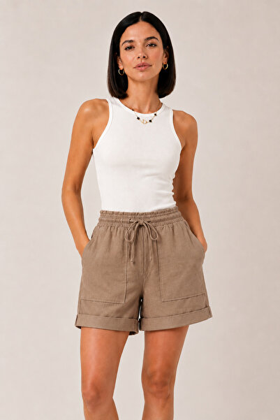trendalisse Women's Brown Elastic Waist Rope Tied High Waist Ayrobin Shorts w...