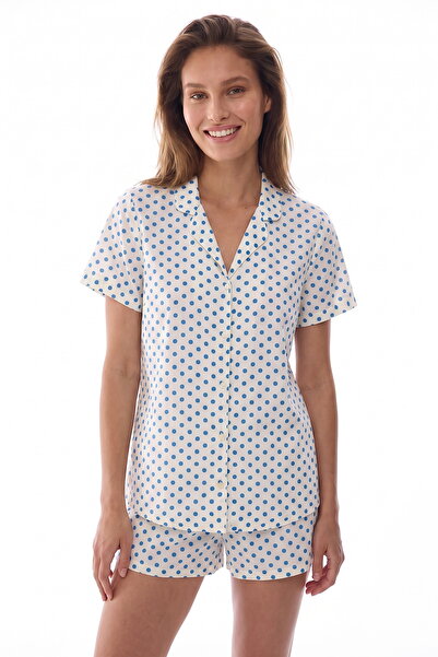 Penti Ecru Blue Polka Dot Patterned Short Sleeve Shirt Shorts Pajama Set