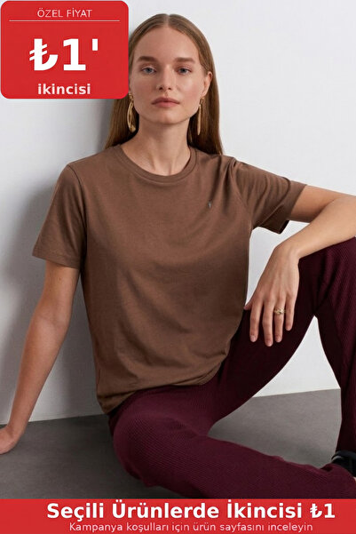 COMBİNE MİCHAİL Women's Comfort Fit Basic Brown Loose T-Shirt