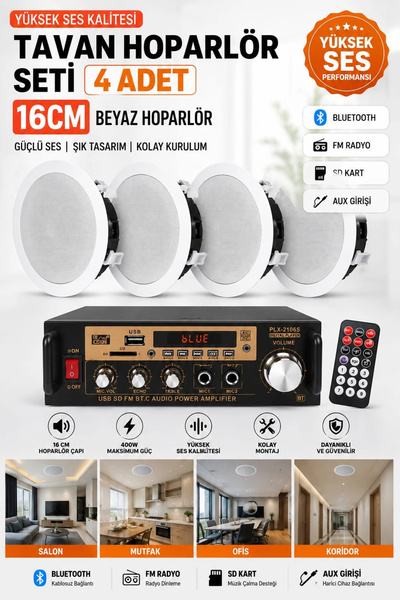 Genel Markalar Tavan Hoparlör Seti (1 Adet Anfi 400W Bluetooth Usb Sd Fm + 4 ...