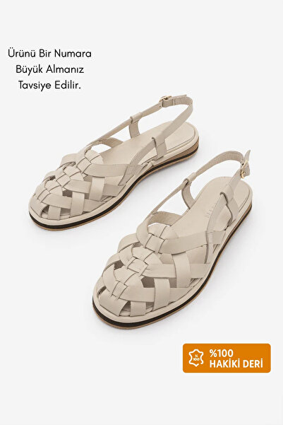 Marjin Women's Genuine Leather Striped Back-Strap Casual Sandals Zagolin Ecru