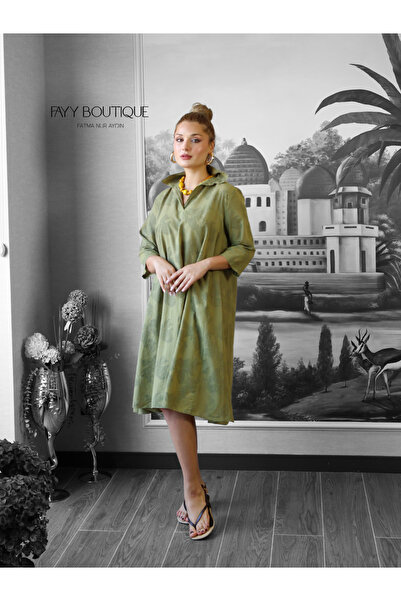 Yame Leaf Patterned Casual Shirt Dress |   Khaki Green Midi Dress