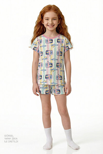 Penti Girl's Pastel Yellow Sardines Cat Short Sleeve 2-Piece Pajama Set
