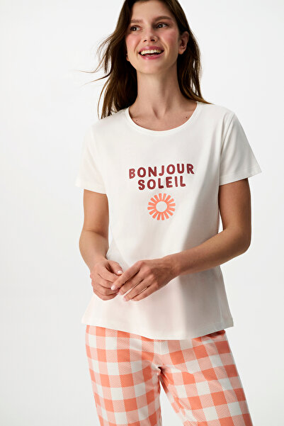Penti Set de pijamale cu mâneci scurte, cu imprimeu cu slogan, Pink Soleil Kapri