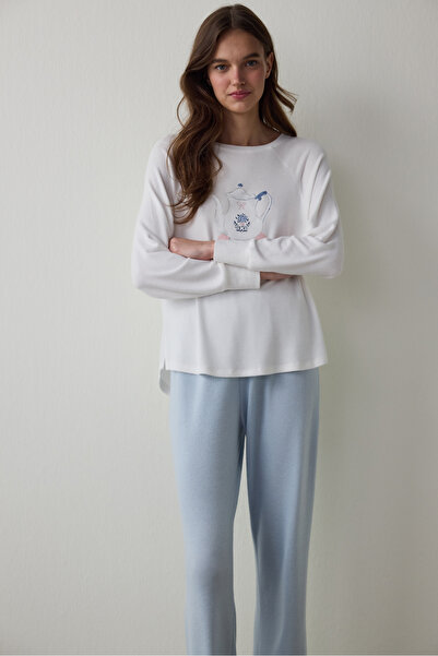 Penti Top de pijama Broken White Tea Time guler rotund cu efect termic Swea t...