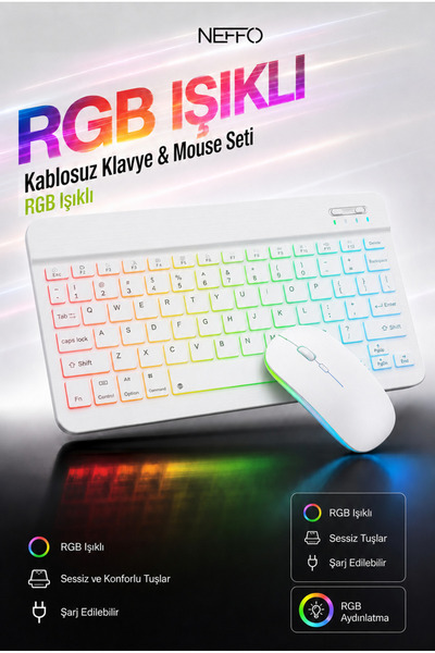 NEFFO Kablosuz Bluetooth Klavye Mouse Seti – Şarj Edilebilir