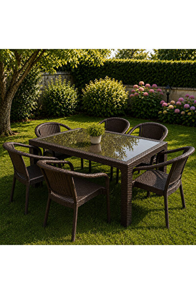 adak Bambu 90x150 Cm Camlı Rattan Bahçe Balkon Masa Takımı