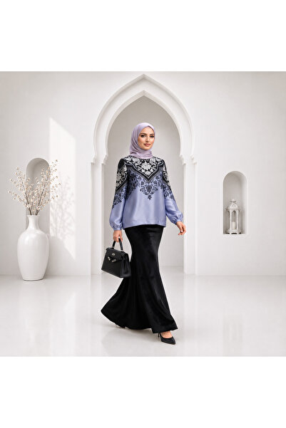 Muslima Wear Mavi Siyah Yaprak Desenli Bilek Şeritli Jasmine Bluz