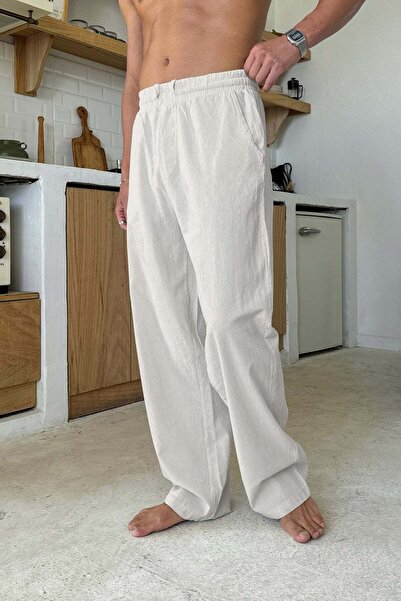 Flaw Wear Bel Lastikli Rahat Kesim Keten Pantolon Bej
