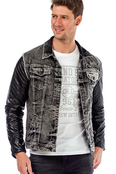 Cipo&Baxx C44603 Deri Kollu Cepli Erkek Denim Ceket