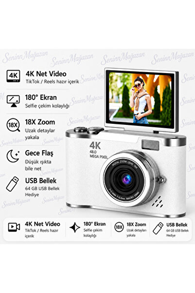 TUX Beyaz Renk 4K Dijital Fotoğraf Makinesi 48MP Flip Ekran 18X Zoom Flaşlı 6...