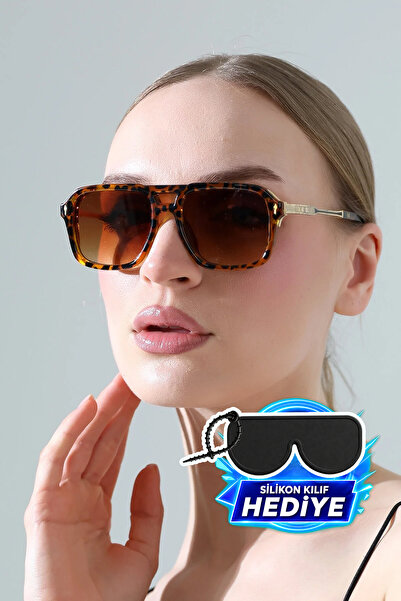 MİLANO KORS Women's Leopard Frame Brown Glass Gold Edged Sunglasses