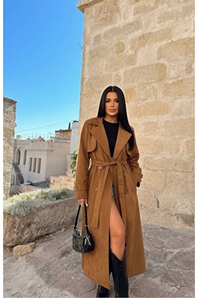 TANISA Trench lung din țesătură de costum, căptușit cu căptușeală maro, cu cu...