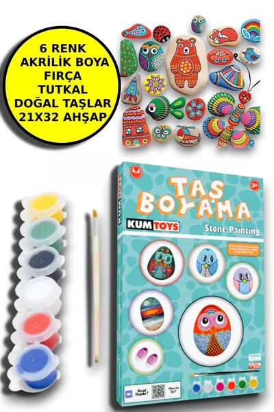 Open Toys Taş Boyama Seti- Doğal Taşlar-Akrilik Boya-Fırça-Ahşap Hepsi Bir Ar...