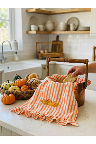 HOME OF BLOSSOM Orange Striped Pumpkin Embroidered Linen Kitchen Cloth 40*60cm
