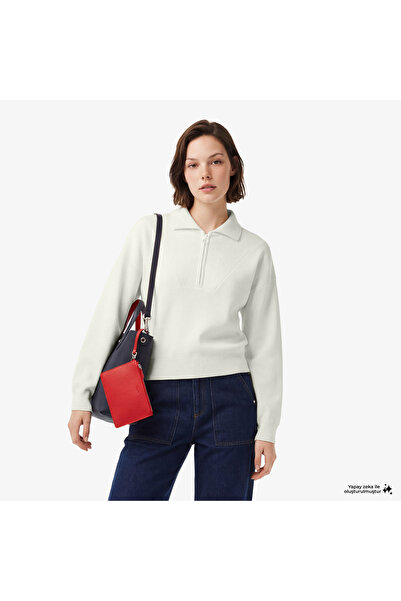 Lacoste Kadın Crop Fermuarlı Beyaz Triko