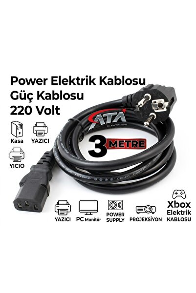 ATAELEKTRONİK Kaliteli 3 Metre 3mt Power Elektrik Kablosu Güç Kablosu 220 Vol...