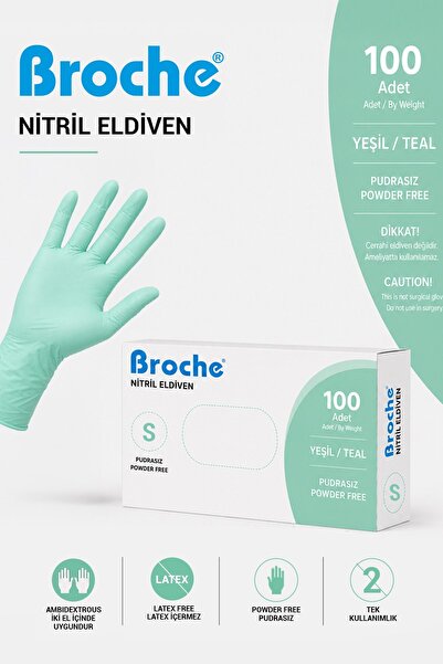 Broche PUDRASIZ NİTRİL ELDİVEN S BEDEN TURKUAZ YEŞİLİ 100'LÜ