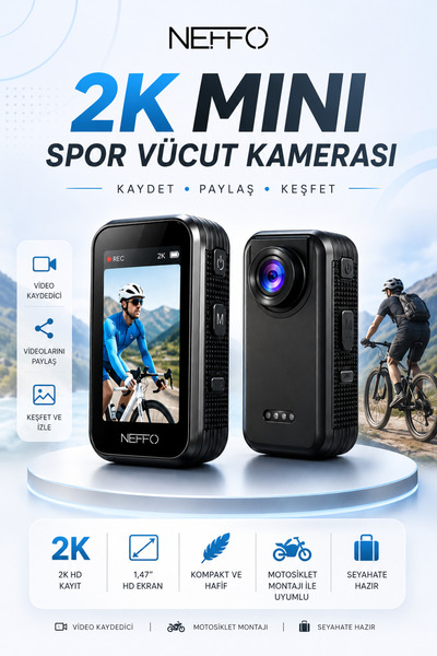 NEFFO 2K Mini Spor Kamera Vücut Kamera | 1.47" HD Ekran | Video Kaydedici | M...