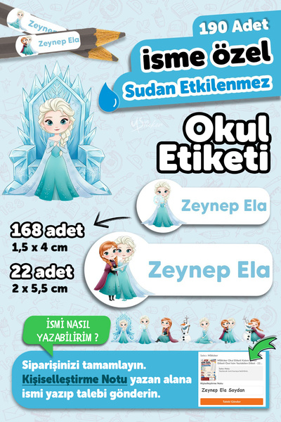 MSticker Okul Etiketi Kalem Defter isimli Etiket Isim Yazılabilen Elsa2 - 190...