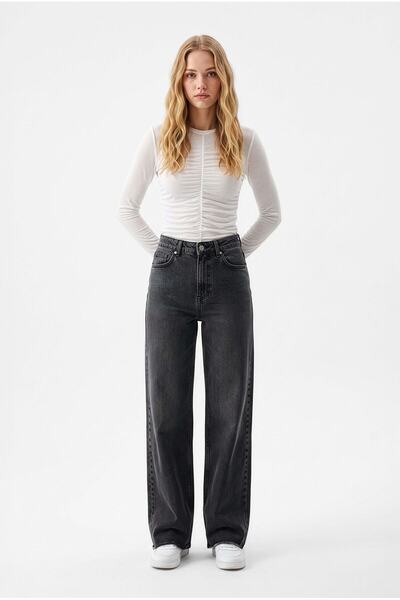 blue white Pantaloni de damă antracit cu talie înaltă și croială largă