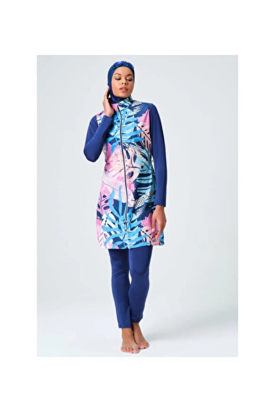 ALFASA Patterned Piping Decorated Hijab Swimsuit - Indigo -