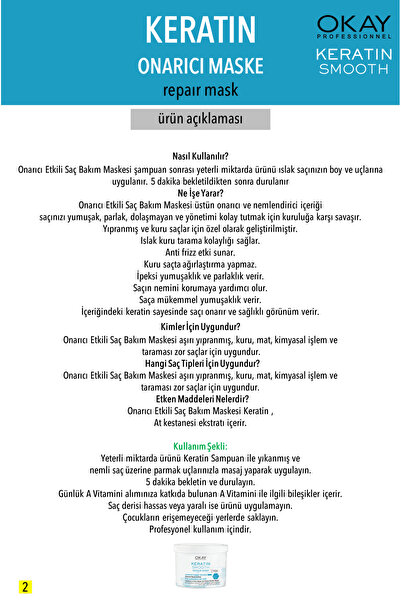 OKAY KOZMETİK Okay Saç Maskesi Keratin Smooth 500ml X3 Adet