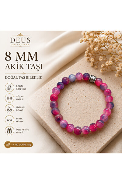 8 mm Doğal Akik Taşı Bileklik Pembe Mor Akik Doğal Taş Bileklik Esnek Misinalı Unisex Bileklik