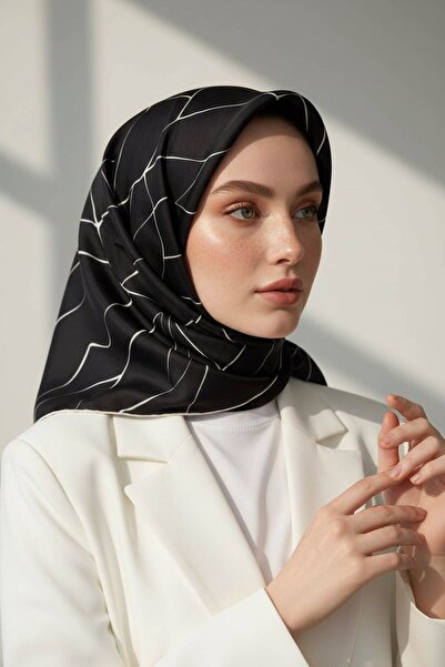 Vissona %100 Twill İpek Çizgi Desenli Siyah Krem Renkli 90x90 Eşarp Dikim Şek...