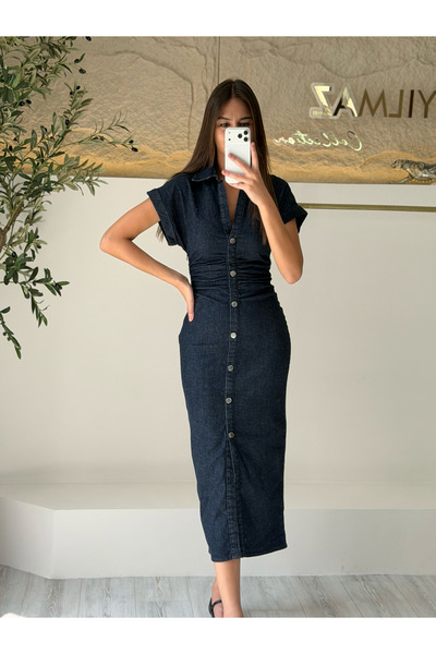 EMEL ERYILMAZ Düğme Detaylı Denim Elbise