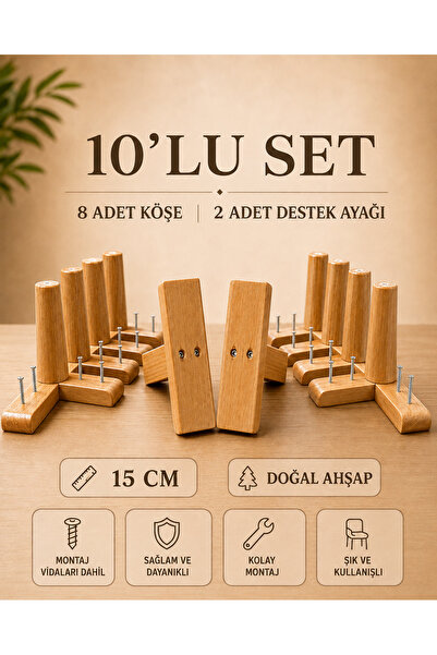 LEGORA WOOD DESİNG 15 cm Wooden Conical Furniture Leg Set of 10 Corner and Su...