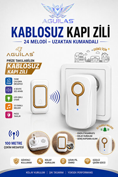 AGUILAS 24 Melodi Lüks Uzaktan Kumandalı Kablosuz Kapı Zili 100 Metre