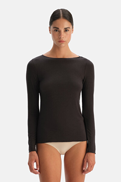 Dagi Dark Brown Modal Cashmere Boat Neck Long Sleeve Top