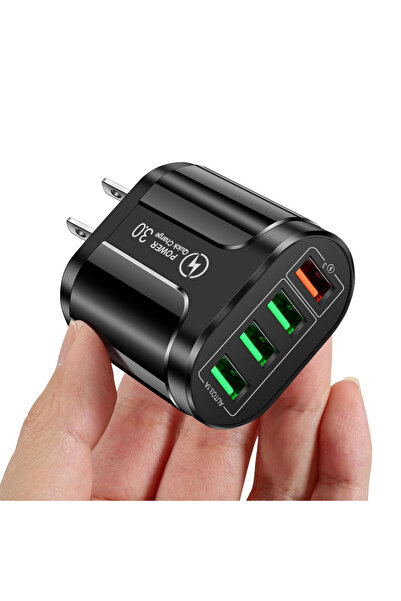 Choice شاحن أمريكي أسود بـ 4 منافذ USB، شاحن سريع 3 أمبير مع تقنية QC 3.0 للش...