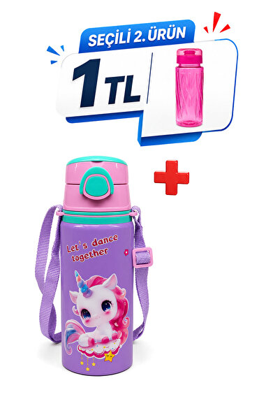 M&B WATER BOTTLE Metal Unicorn Motifli Pipetli Çocuk Matarası - 600 ML Kilitl...