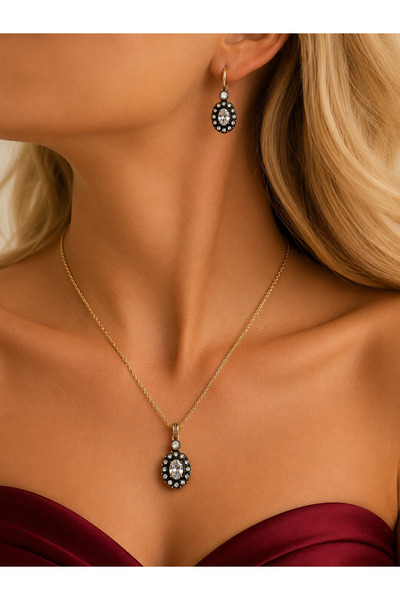 FUYA JEWELLERY Zirkon Taşlı Büyük Yuvarlak Kolye, Küpe Set