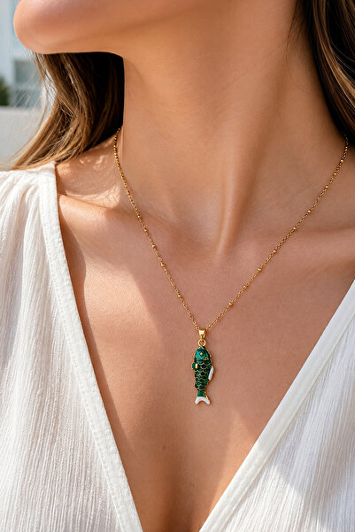 Modex Steel Ball Chain Green Enamel Fish Pendant (45cm)
