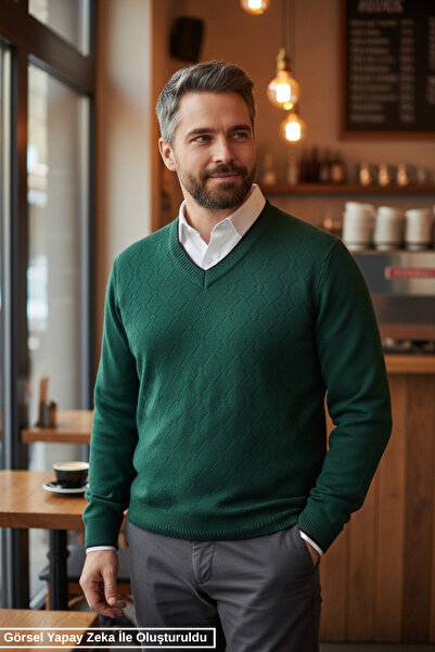 Kamalı Men's Nefti Anti-Pilling Standard Fit Regular Cut V-Neck Knitwear Sweater