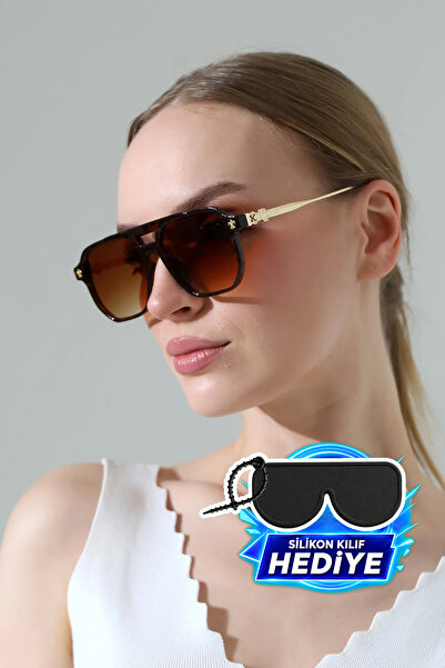 MİLANO KORS Women's Oversized Brown Frame Gradient Glass Gold Handle Sunglasses