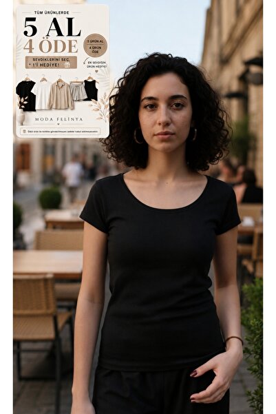 moda felinya Kadın Kısa Kollu Kayık Yaka Siyah Body Bluz T-shirt