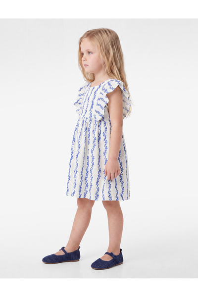 Koton Crew Neck Ruffle Detailed Viscose and Linen Blend Dress