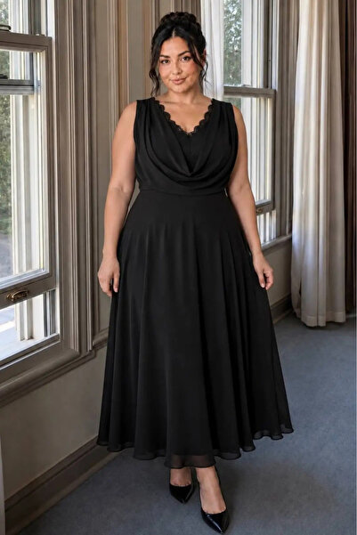 EGZEBRU Plus Size Chest Lace Draped Collar Evening Dress Black