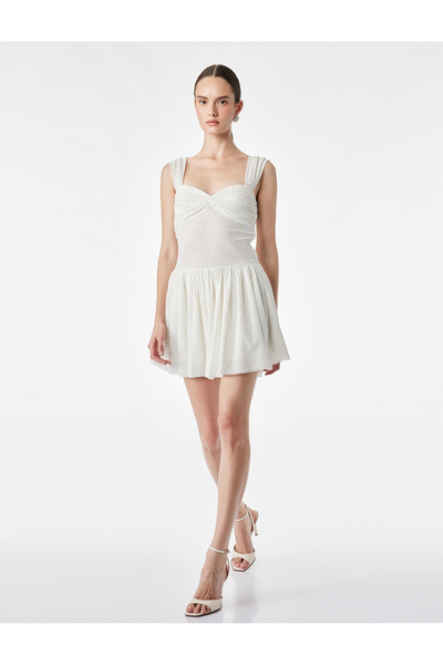 Koton Drapeli Gathered Sweetheart Neckline Flounce Sleeveless Slim Fit Mini S...