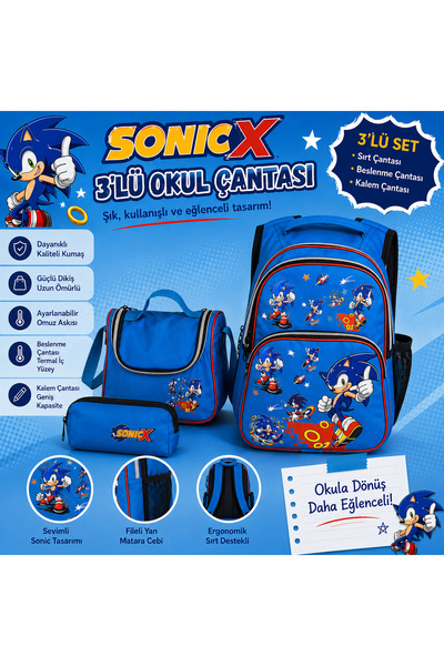 bcburkay çanta SONIC DESENLİ Açık Mavi Üçlü Erkek Çocuk İlkokul Okul Çantası ...