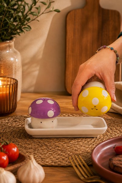 Porsima Mıo-037 Mushroom Motif Salt and Pepper Shaker Set with 2 Stands