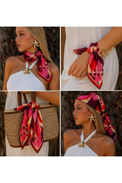 Axesoire 15317 Çiçek Desenli Kırmızı Saten Bandana Fular 50x50 cm