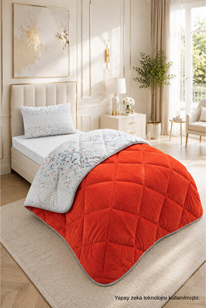 ÇARŞAF DÜNYASI Colorful Patterned Single Duvet with Plush Double-Sided Pillow...