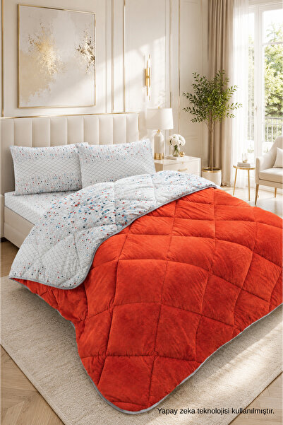 ÇARŞAF DÜNYASI Colorful Patterned King Size Quilt with Plush Double-Sided Pil...