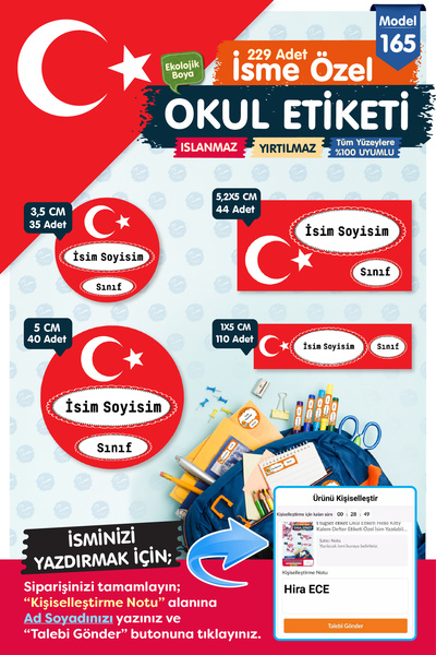 TUĞSET Okul Etiketi Türk Bayrağı Temalı Kalem Defter Etiketi Özel İsim Yazıla...